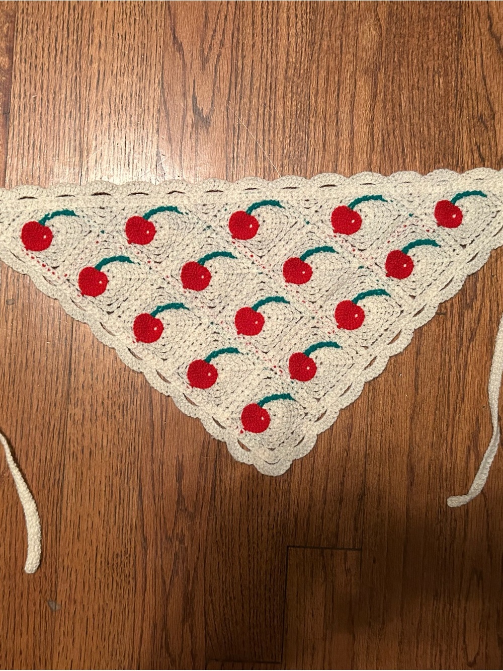 Hand-Crocheted Cherry Bandana Headscarf - Cream with Red Cherries